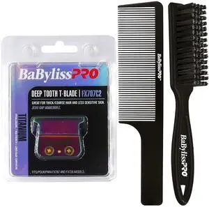 BaByliss Pro ChameleonFX Replacement Titanium Deep Tooth T-Blade FX707C2 with Fade Brush and 9" Comb Black