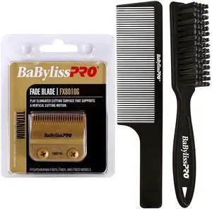 BaByliss Pro Replacement Gold Titanium Fade Blade FX8010G Fits for FX870, FX825 and FX673 Models with Fade Brush and 9" Comb