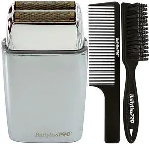 BaByliss Pro FOILFX02 Cordless Metal Double Foil Shaver FXFS2S Silver with Fade Brush and 9" Comb