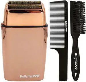 BaByliss Pro FOILFX02 Cordless Metal ROSE GOLD Double Foil Shaver FXFS2RG with Fade Brush BPFADEB and 9" Comb
