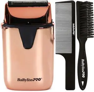 BaByliss Pro LIMITED EDITION UVFOIL UV-Disinfecting Metal Single Foil Shaver - Rose Gold FXLFS1RG with Fade Brush BPFADEB and 9" Comb