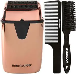 BaByliss Pro LIMITED EDITON UVFOIL UV-Disinfecting Metal Double Foil Shaver FXLFS2RG (Rose Gold) with Fade Brush and 9" Comb