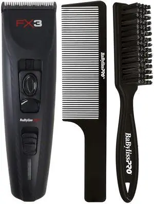 BaByliss Pro FX3 Black High Torque Cordless Clipper FXX3CB (Black) with Fade Brush and 9" Comb