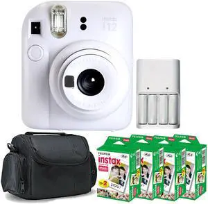 FUJIFILM INSTAX MINI 12 Instant Film Camera (Clay White) with 4x Fujifilm 2x10 Film Mini Instax Film Pack Bundle