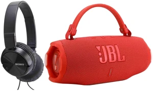 JBL Charge 6 Portable Waterproof Bluetooth Speaker (Red) with On-Ear Wired Headphones (Black) JBL Charge 6 Portable Waterproof Bluetooth Speaker (Red) with On-Ear Wired Headphones (Black)