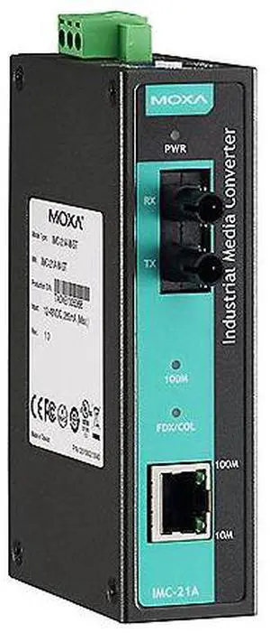 Moxa IMC-21A-M-ST - Industrial 10/100BaseT(X) to 100BaseFX media converter, multi mode, ST connector, -10 to 60   Degree C