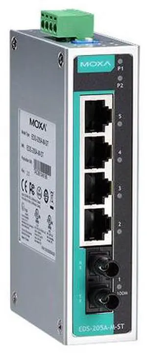 Moxa EDS-205A-M-ST - Unmanaged switch with 4 10/100Base T(X) ports, and 1 100BaseFX multi-mode port with ST connector