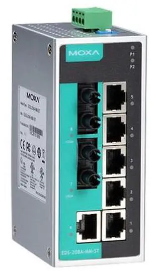 Moxa EDS-208A-MM-ST - Unmanaged Ethernet switch with 6 10/100BaseT(X) ports, and 2 100BaseFX multi-mode ports with ST connectors