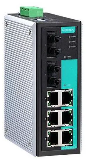 Moxa EDS-308-MM-ST - Industrial Unmanaged Ethernet Switch with 6 10/100BaseT(X) ports, 2 multi mode 100BaseFX ports, ST connecto