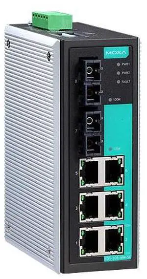 Moxa EDS-308-SS-SC - Industrial Unmanaged Ethernet Switch with 6 10/100BaseT(X) ports, 2 single mode 100BaseFX ports, SC connect