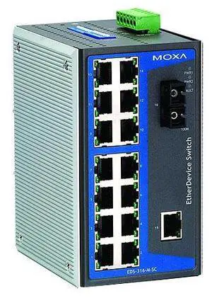 Moxa EDS-316-M-SC - Industrial Unmanaged Ethernet Switch with 15 10/100BaseT(X) ports, 1 multi mode 100BaseFX port, SC connector