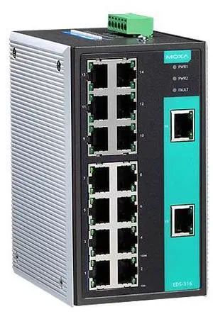 Moxa EDS-316-T - Industrial Unmanaged Ethernet Switch with 16 10/100BaseT(X) ports, -40 to 75  Degree C