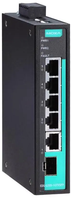 Moxa EDS-G205-1GTXSFP-T - Unmanaged full Gigabit Ethernet switch with 4 10/100/1000BaseT(X) ports and 1 combo 10/100/1000BaseT(X