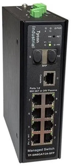 Tycon Systems TP-SW8GAT/24-SFP - Gigabit PoE Switch with 8 configurable 802.3at or 24V Passive PoE (30W) Ports