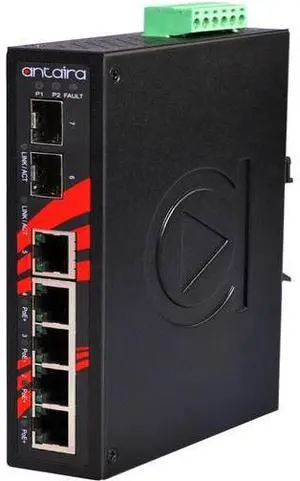 Antaira LNP-0702C-SFP-T - 7-Port Industrial PoE+ Unmanaged Ethernet Switch, with 4*10/100Tx (30W/Port), 1*10/100Tx, and 2*100/10