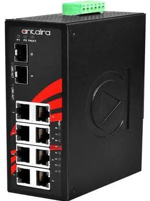Antaira LNP-1002G-SFP-24-T - 10-Port Industrial PoE+ Unmanaged Ethernet Switch, w/8*10/100/1000Tx (30W/Port)+ 2*100/1000 SFP Slo
