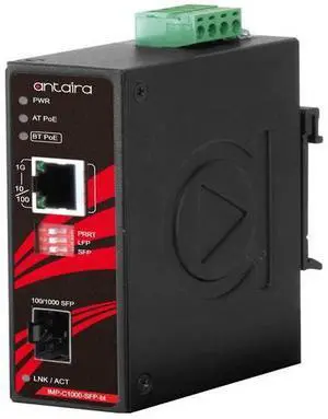 Antaira IMP-C1000-SFP-bt-T - Compact Industrial Gigabit IEEE 802.3bt Ethernet-to-Fiber Media Converter, 1*10/100/1000TX (PSE: 90
