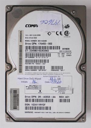 18.2GB 10K WU3 SCSI HDD, BD0186349B, 176493-002, 9N9001-043,FW: 3B11, DP/N: 3R-A0858-AA REV.A01
