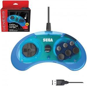 Retro-Bit Official Sega Genesis USB Controller 6-Button Arcade Pad for Sega Genesis Mini, PS3, PC, Mac, Steam, Nintendo Switch - USB Port - Clear Blue