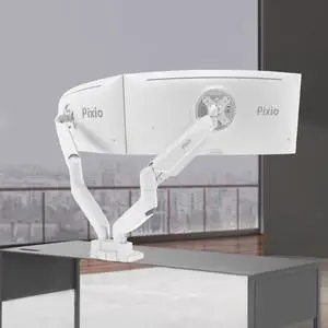 Pixio PS2D White Edition Heavy-duty Gas Spring Fully Adjustable Universal Mount 100x100mm 75x75mm Premium Dual Monitor Desk Mount, Supports two monitors up to 35" & 33lbs