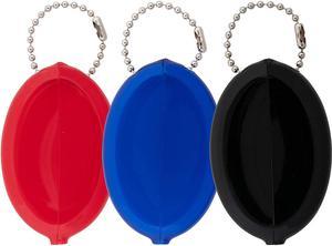 Oval Rubber Coin Purse Change Holder Made in U.S.A. For Men/Woman With Chain By Nabob Leather - 3 Pack Mix Black/Red/Blue