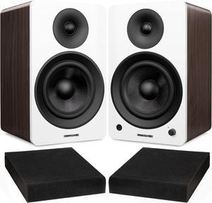 Fluance Ai61 White Walnut Powered 2.0 Stereo Bookshelf Speakers with 6.5" Drivers, 120W Amplifier for Turntable, TV, PC and Bluetooth 5 and High Density Acoustic Foam Isolation Pads 10" x 7.5"