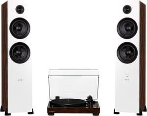 Fluance RT81 Elite High Fidelity Vinyl Turntable (Walnut) with Ai81 Powered 2-Way Floorstanding Speakers (White Walnut), Diamond Stylus, Belt Drive, Built-in Preamp, 150W Class D Amplifier, Bluetooth