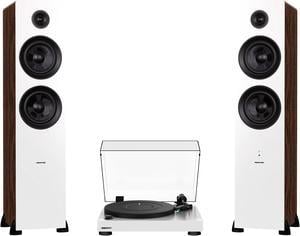 Fluance RT81 Elite High Fidelity Vinyl Turntable (White) with Ai81 Powered 2-Way Floorstanding Speakers (White Walnut), Diamond Stylus, Belt Drive, Built-in Preamp, 150W Class D Amplifier, Bluetooth