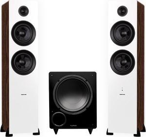 Fluance Ai81 Powered Floorstanding Tower Speakers (White Walnut) and DB10 10" Low Frequency Ported Front Firing Powered Subwoofer with 15 Feet RCA Ultimate Performance Collection Subwoofer Cable