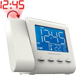 Magnasonic Projection Alarm Clock with AM/FM Radio, Battery Backup, Auto Time Set, Dual Alarm, Nap/Sleep Timer, Indoor Temperature/ Date Display with Dimming & 3.5mm Audio Input - White (EAAC601W)