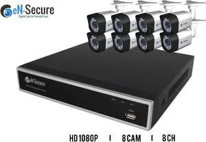 eN-Secure 8 Channel AHD Security Surveillance System, 8 Bullet Night Vision Indoor/Outdoor 1080p Cameras, No HDD, Smart Phone Compatible