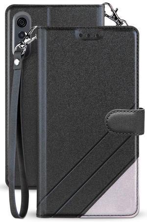 Black Wallet Case ID Card Slot Wrist Strap Lanyard for LG Velvet Phone LM-G900M