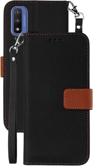 BlackBrown Wallet Case Cover and Lanyard Wrist Strap for Moto G Power 2022
