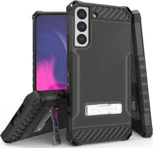 Black Anti-Shock Case Cover with Metal Kickstand and Strap for Galaxy S22 5G