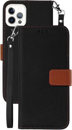 Black/Brown Wallet Case Card ID Slot Cover and Wrist Strap for iPhone 13 Pro MAX