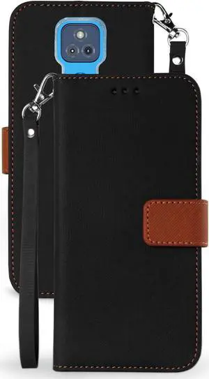 Black/Brown Wallet Case Card ID Slot Wrist Strap for Motorola Moto G Play 2021