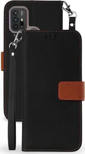 Black/Brown Wallet Case Card ID Slot Cover Wrist Strap for Motorola Moto G30 G10