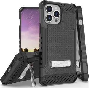Black Hybrid Anti-Shock Case Cover Metal Kickstand and Strap for iPhone 13 Pro