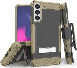 Brown Rugged Case Cover with Stand + Belt Clip Holster + Strap for Galaxy S22 5G
