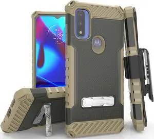 Rugged Brown Case Cover Stand + Belt Clip + Strap for Moto G Pure / G Power 2022