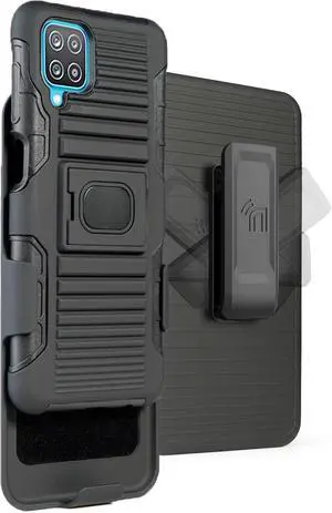 Black Rugged Grip Case with Ring Stand and Belt Clip for Samsung Galaxy A12 5G