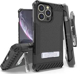 Black Rugged Case Cover with Stand + Belt Clip Holster + Strap for iPhone 13 Pro