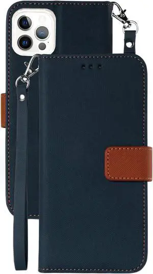 Navy/Brown Wallet Case Credit Card ID Slot and Lanyard for iPhone 13 Pro MAX