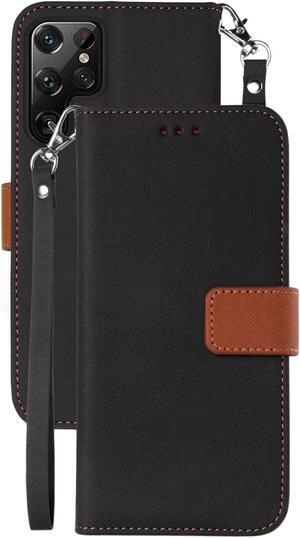 Black/Brown Wallet Case Card ID Slot Cover and Wrist Strap for Galaxy S22 Ultra