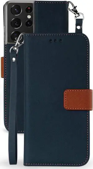 Navy/Brown Wallet Case Credit Card Slot Lanyard for Samsung Galaxy S21 Ultra 5G