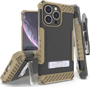 Brown Rugged Case Cover with Stand + Belt Clip Holster + Strap for iPhone 13 Pro