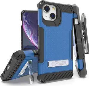 Blue Rugged Case Cover with Stand + Belt Clip Holster + Strap for iPhone 13