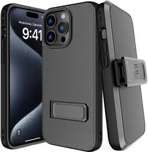 Hybrid Case w/ Stand and Belt Clip Holster Combo for iPhone 15 Pro Max - Black