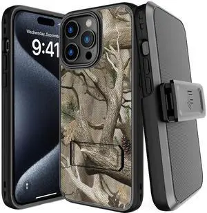 Hybrid Case w/ Stand Belt Clip Holster Combo for iPhone 15 Pro Max - Bush Camo