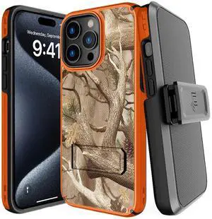 Hybrid Case w/ Stand Belt Clip Holster Combo for iPhone 15 Pro Max - Orange Camo